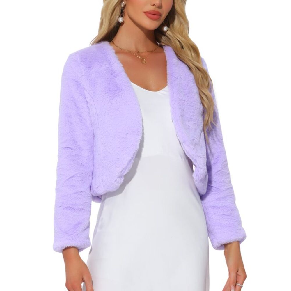 Cropped Jacket Faux Fur Long Sleeve Open Front Bolero Winter Coat Light Purple